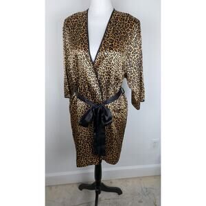 Secret Treasures Leopard Print Satin Robe Black Trim Short Kimono Sleeve Small